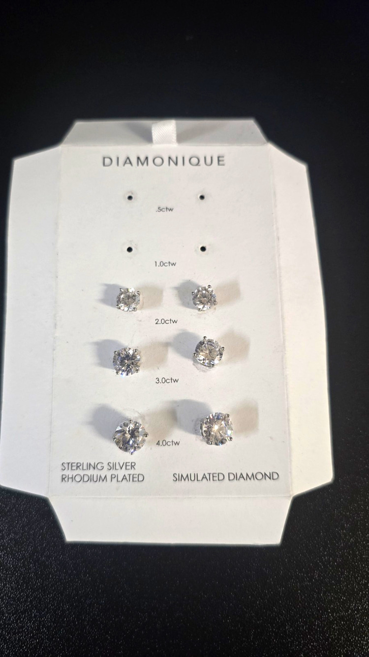 Diamonique Sterling Silver Stud Earrings Set of 3 Pairs 2.0ctw 3.0ctw 4.0ctw